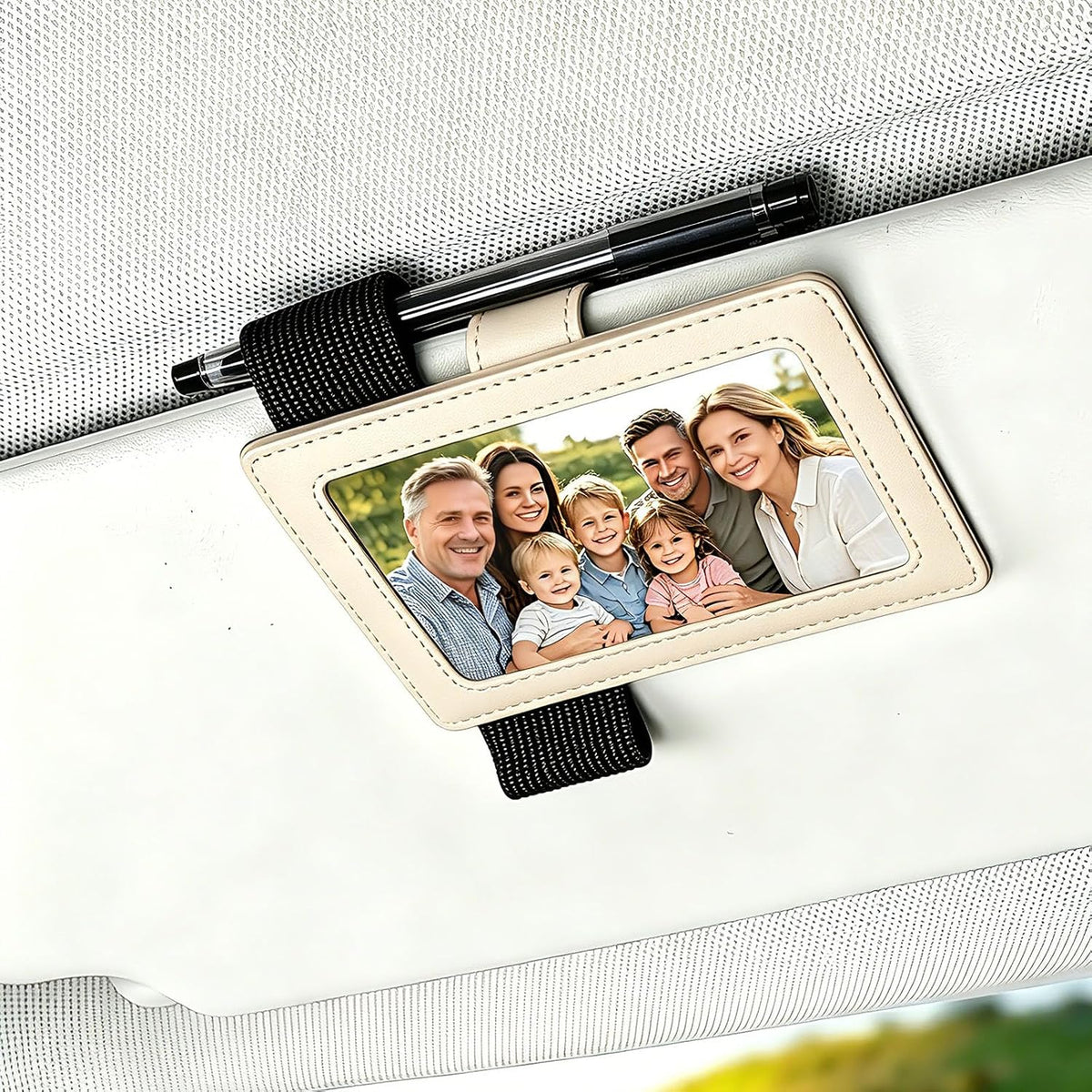2 Pack Leather Car Picture Holder Photo Framed Elastic Car Visor Pen Holder Metal Visor Clip License Card Auto Trucks Van SUV Visor Organizer Accessories Gift (Picture and Pen Holder Beige)
