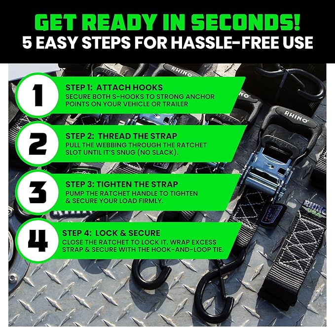 Rhino USA Ratchet Straps Heavy Duty Kit (4-Pack) - 1.6 Inch x 8 Feet Min Break Strength (5,000) - Ultimate Tie Down Straps with Safety S Hooks for Trucks, ATV, UTV, Motorcycle, Cargo & More - Black