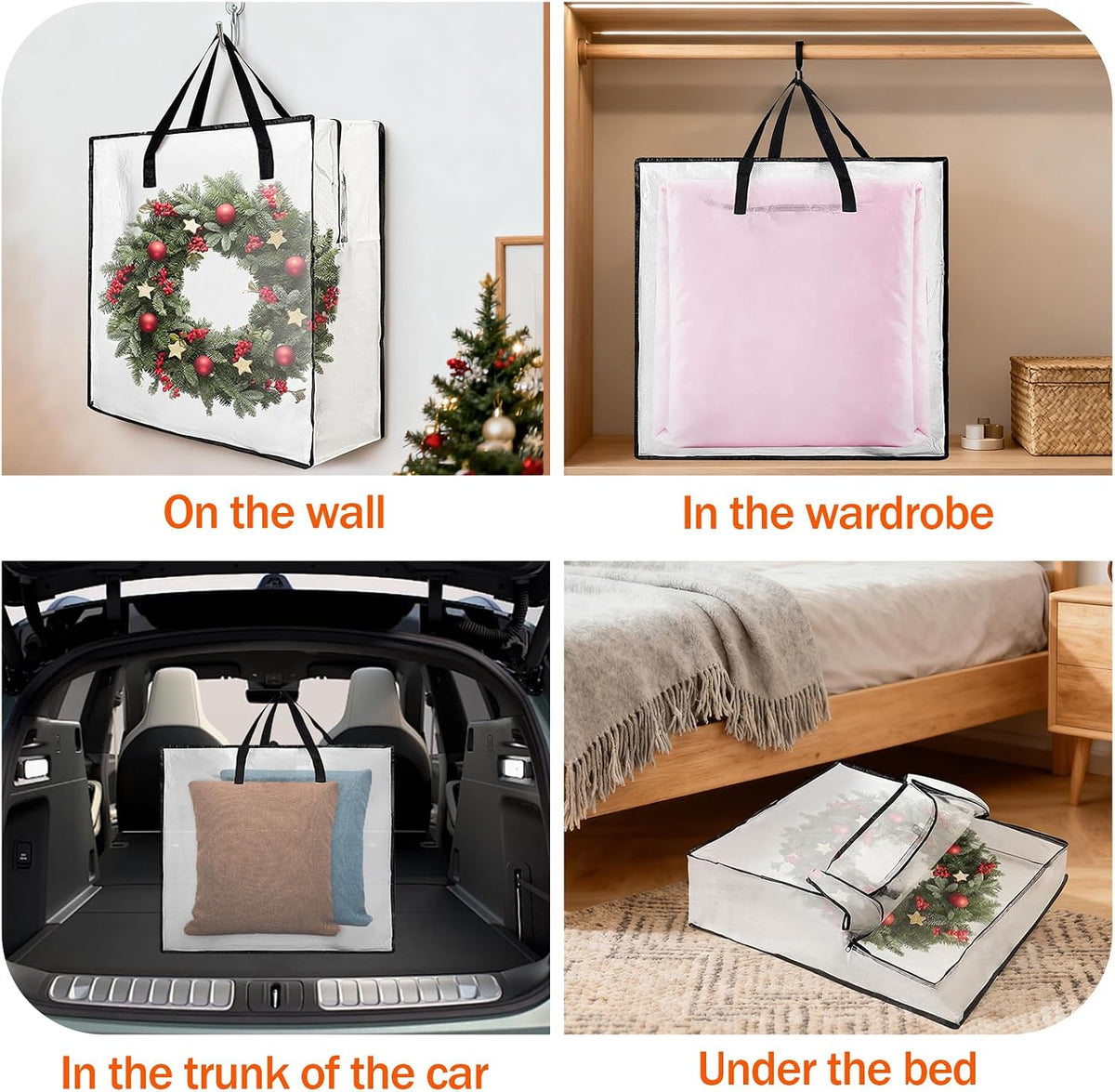 3-Pack 25-Inch Wreath Organizers for Christmas and Holiday Storage | Three clear storage bags hold wreaths and seasonal decor with reinforced handles, sturdy zippers and foldable design.