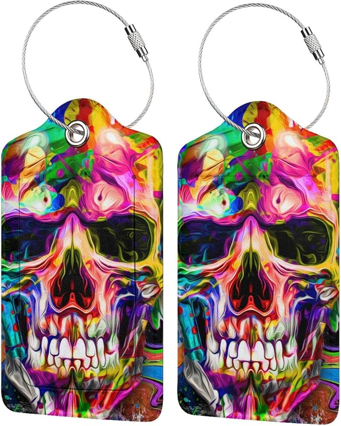 Artistic Skull Leather Luggage Tags for Suitcases with Cool Pattern Print, Waterproof Private Name ID Labels for Travel Baggage Bag Suitcase Lunch Box, Cruise Ships, Travel Accessories Tags
