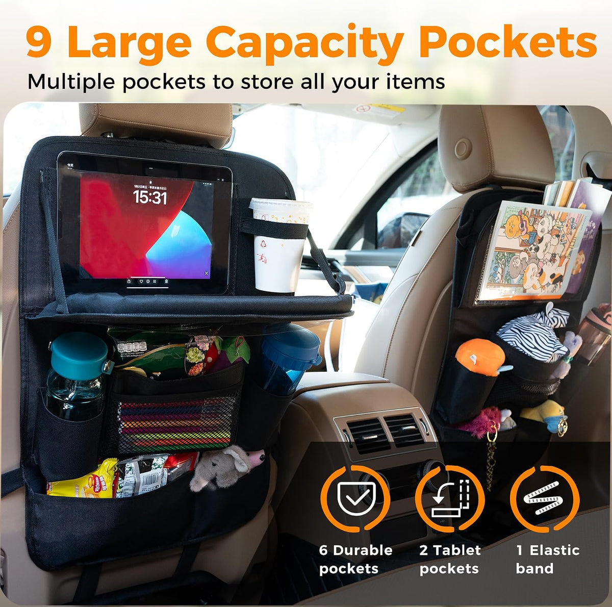 Backseat Car Organizer with Tray, 9 Storage Pockets Back Seat Protector with Foldable Tablet Holder, Waterproof Back of Seat Kick Mats for Kids Adult, Road Trip Essentials Travel 2 Pack, Black
