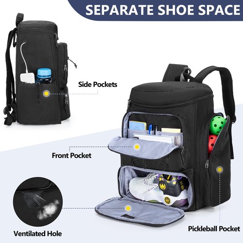 Goburos Pickleball Paddle Backpack for 4 Rackets with Fence Hook, Pickleball Equipment Bag with Shoe Compartment for Men Women, Black