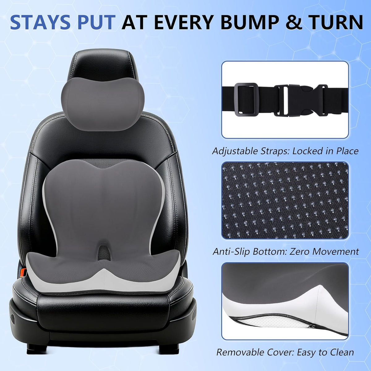 Truck Seat Cushion and Headrest 2-in-1 Set for Truck Driver, Lumbar Support Car Cushions for Long Haul Driving, Memory Foam for Semi Truck & Big Rig, Ergonomic Relief for Back & Sciatic Pain