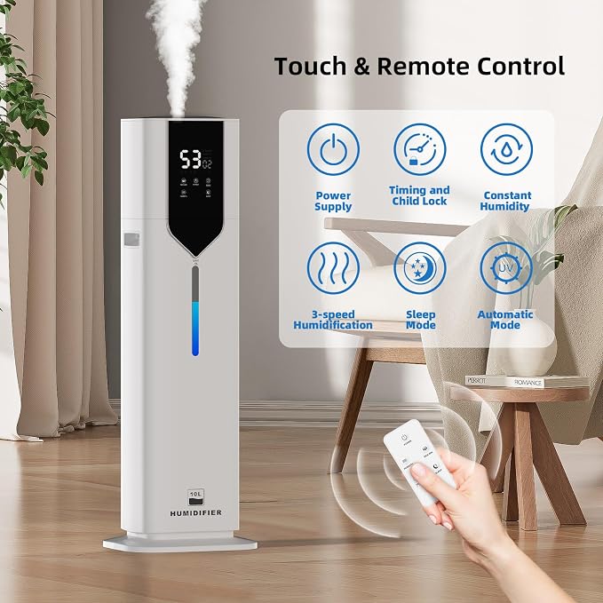 10L/2.6Gal Smart Humidifiers for Bedroom Large Room up to 600ft², 100H Runtime Cool Mist Top Fill, Ultra Quiet 30dB, Auto Control, Perfect for Bedroom, Office, Baby, White