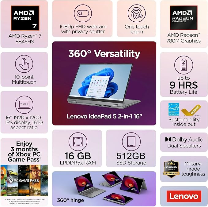 Lenovo IdeaPad 5 2-in-1 Laptop, 16" WUXGA Touchscreen, AMD Ryzen 7 8845HS, 16GB RAM, 512GB SSD, AMD Radeon Graphics, Backlit KB, Wi-Fi6, FP Reader, Win11, Luna Grey, w/USB Hub, W/GaLiMu
