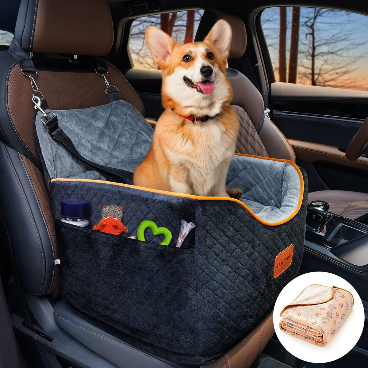AlfaTok Memory Foam Booster Dog Car Seat with Washable Removable Cover, Elevated Pet Car Seat, Anti-Slip Sturdy Booster Seats for Small Dogs 35lbs, Seat Belt, Storage Pocket, Dog Blankets