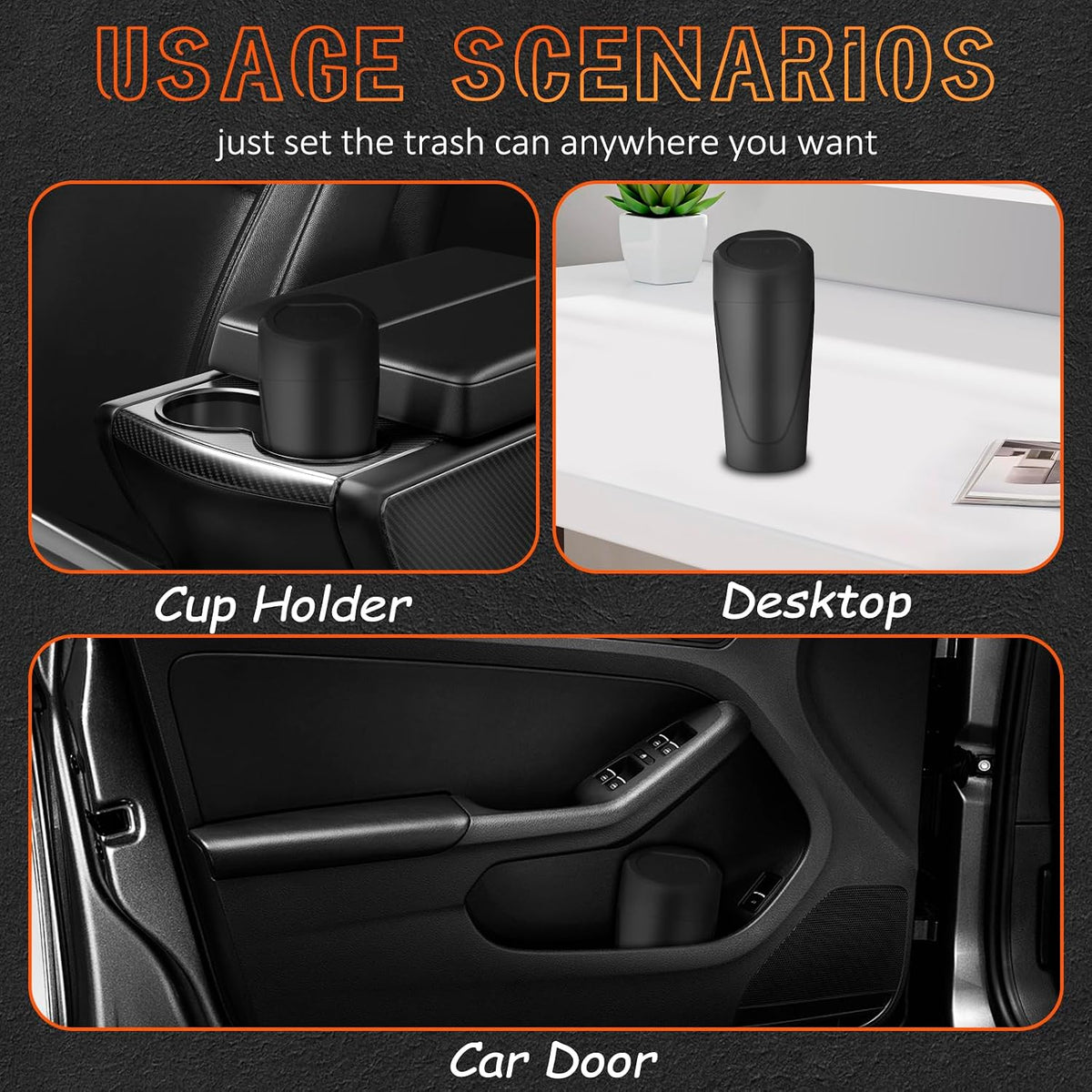 Car Trash Can with Lid-2Pack, Leakproof Garbage Can with 80 Attached Trash Bags, Mini Essential Car Accessories for Interior for Car, Home, Office（Black）
