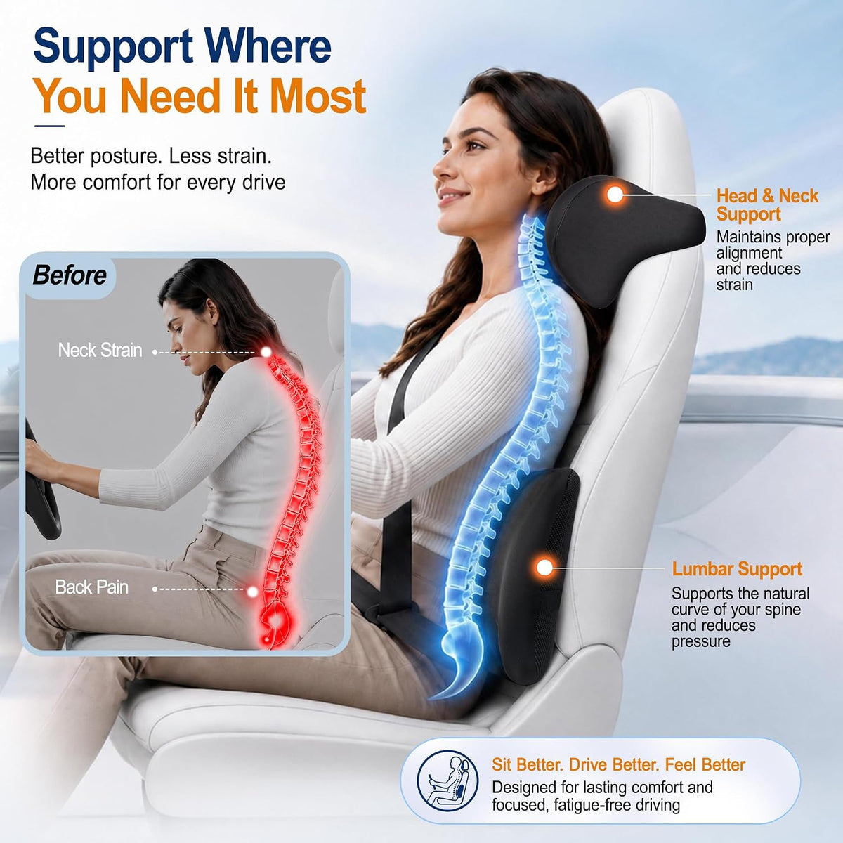 Allaboutsla Lumbar Back Support Pillow for Car, Neck Headrest Pillow Set | Memory Foam Car Neck Support for Driving with Car Back Support, Adjustable Straps, Head Rest Pillow for Cars, Trucks, Black