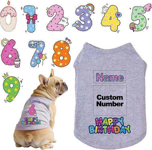 Custom Dog Birthday Shirt,Personalized Pet Apparel Print with Name Age Number,Pet Birthday Outfit,Lightweight Breathable Cotton Vest for Small Medium Large Dogs Cat (Grey, 7X-Large)