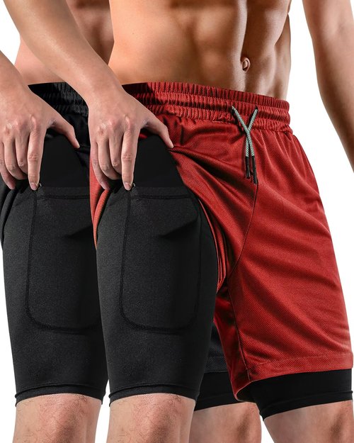 FIONECA 2 in 1 Mens Shorts Casual 2 Pack, Running Gym Shorts for Men 7 Inch, Workout Shorts Men with Pockets &Towel Loop -(Black&Red,XL)