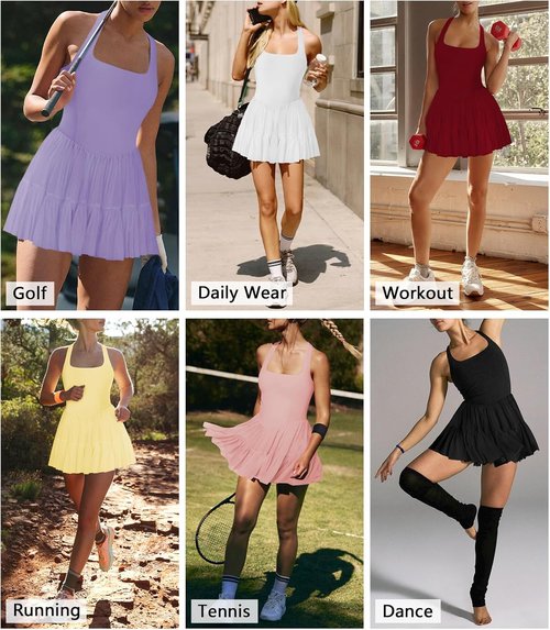 Hragc Women's Tennis Dress - Flowy Pleated Ruffle Halter Neck Mini Dress with Shorts Pocket