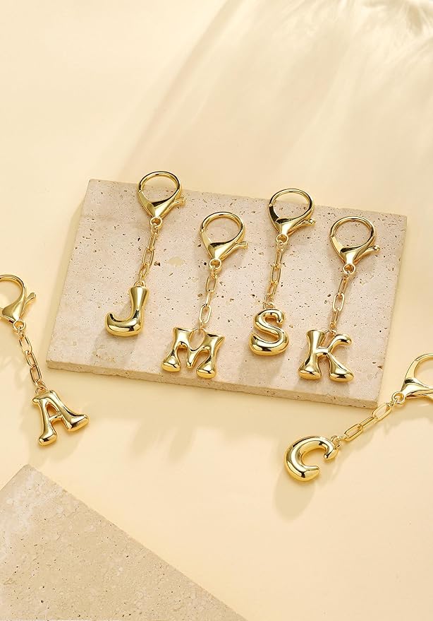 Gold Bubble Initial Keychain Charm for Women Chunky Bag Purse Charms A-Z Letter Key Chains for Handbag Accessories