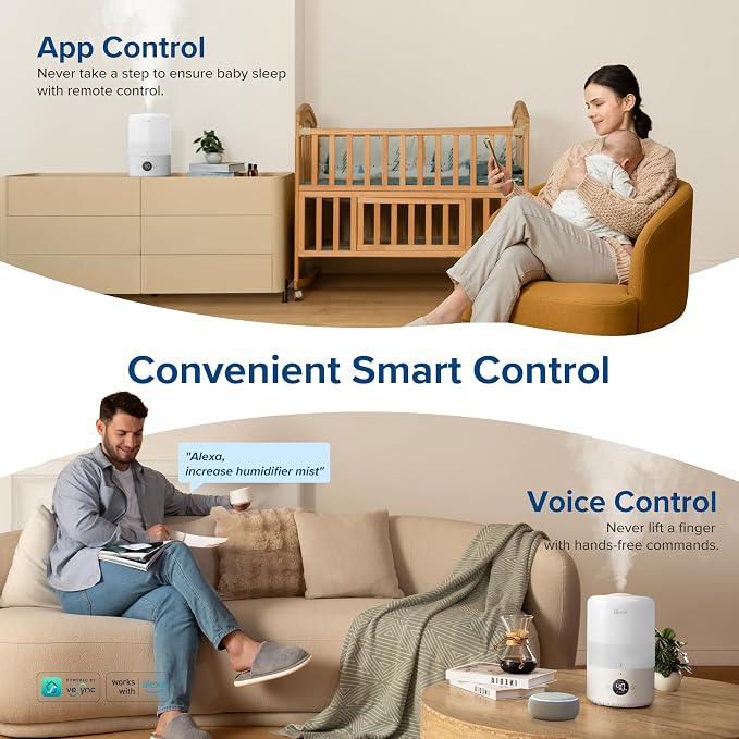 LEVOIT Smart Cool Mist Top Fill Humidifiers for Bedroom with Sensor, Auto Humidity Setting, APP & Voice Control, Essential Oil Diffuser, Ultra Quiet Operation, Super Easy Top Fill, 3L, White