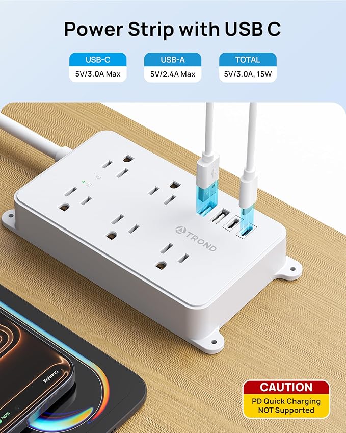 TROND 360° Rotating Power Strip, 5 Widely-Spaced Outlets with 2 USB A and 2 USB C, ETL Listed, 1300J Surge Protector, Wall Mountable, Flat Plug 5ft Extension Cord, for Home Office, Under Desk, White
