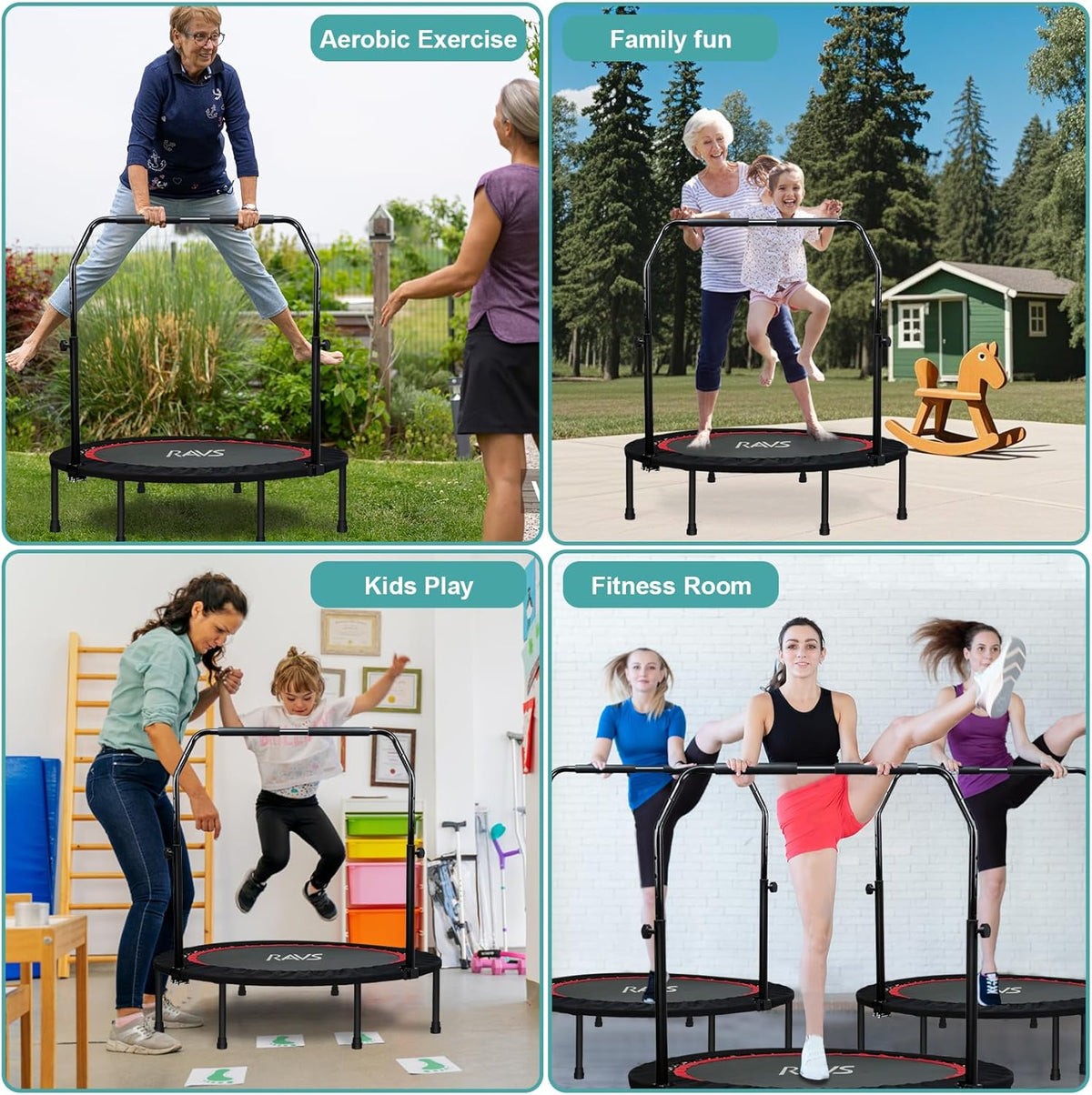 RAVS Mini Trampoline - Foldable Fitness Rebounder for Kids & Adults | 40"/48" with Adjustable Handle & Resistance Bands