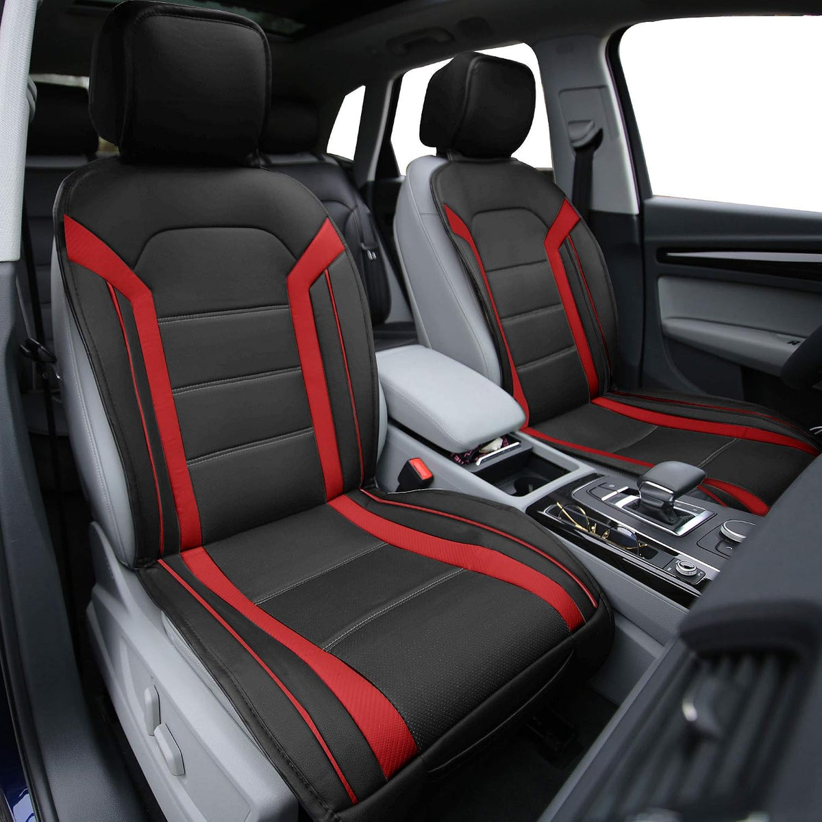 FH Group Front Set Faux Leather Car Seat Cushions - 2 Pack Seat Covers for Cars Trucks SUV, Waterproof, Universal Fit Seat Covers, Red/Black