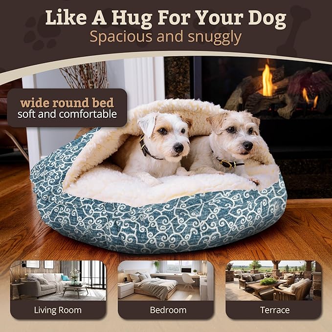 Snoozer Cozy Cave Dog Bed - Indoor Dog Bed with Cover Cave, Covered Calming Burrow for Small & Medium Sized Pets with Blanket Attached, Enclosed, Removable Washable Cover - Large, Ramey Oxford