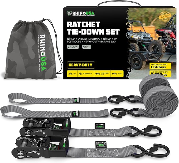 Rhino USA Ratchet Straps Heavy Duty Kit (2-Pack) - 1.6 Inch x 8 Feet Min Break Strength (5,000) - Ultimate Tie Down Straps with Safety S Hooks for Trucks, ATV, UTV, Motorcycle, Cargo & More - Gray
