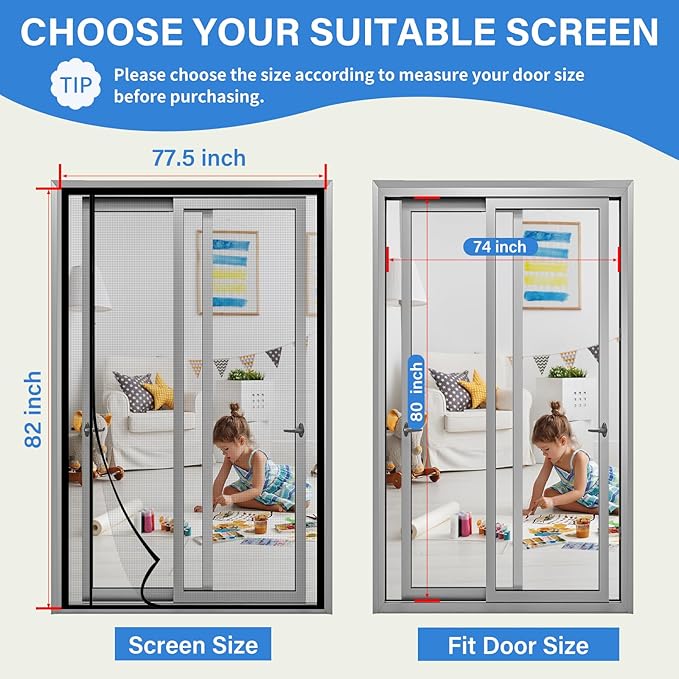 Magnetic Screen Door Mesh Left Right Side Opening Upgraded PET Material Mesh Stronger Than Fiberglass and Polyester,Keep Bugs Out,Pet & Kid Friendly Fit Door Size 74"X80",Screen Size 76''X82''