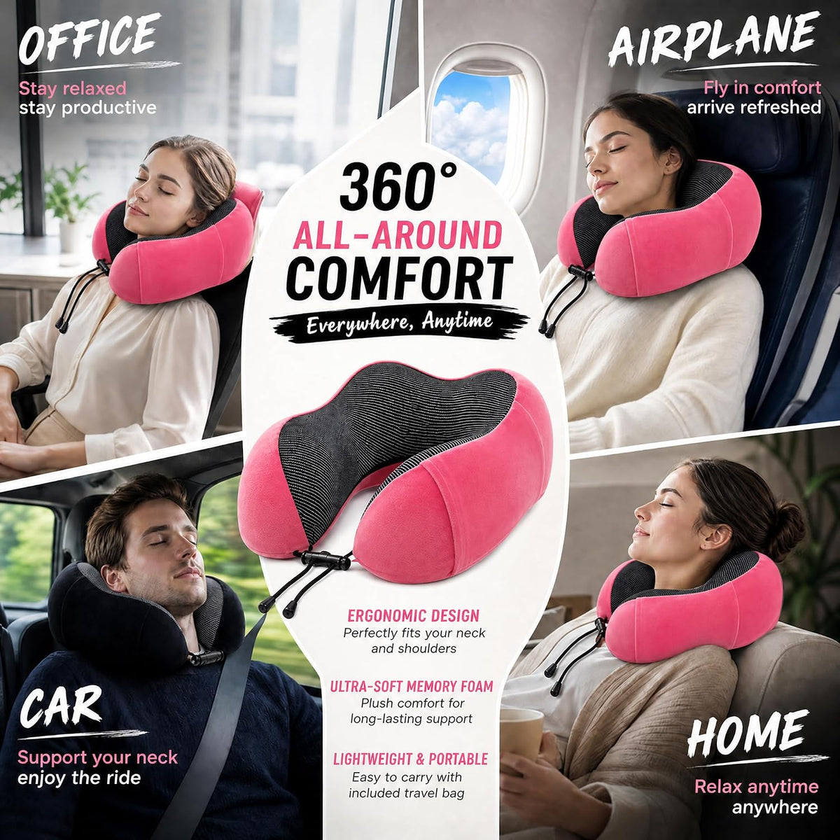 Travel Neck Pillow, Soft Memory Foam Neck Support Pillow for Airplane Car Train Office, Ergonomic Cervical Pillow with Washable Cover, Portable Travel Pillow for Neck Pain Relief Red