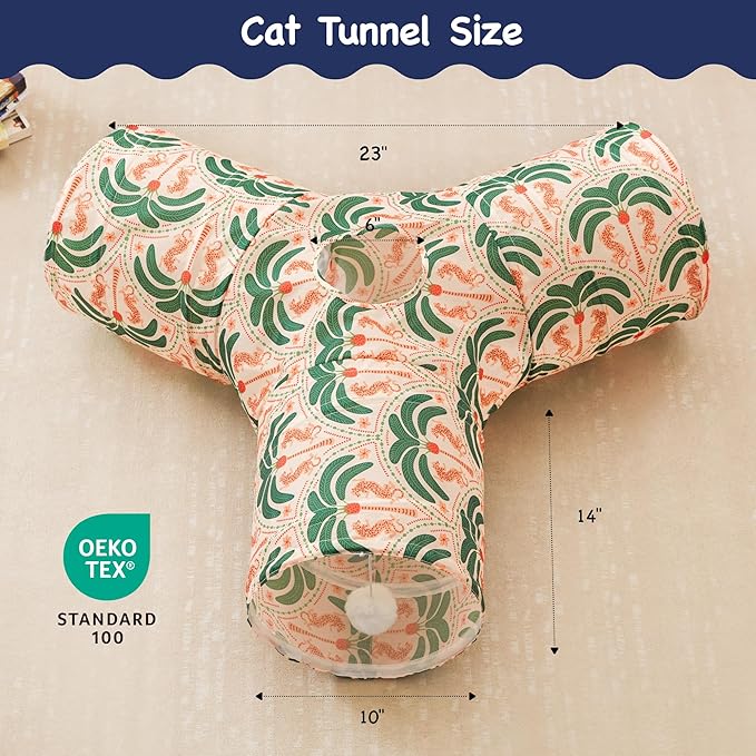 Tempcore Pet Cat Tunnel Tube Cat Toys 3 Way Collapsible, Cat Tunnels for Indoor Cats，Kitty Tunnel Bored Pet Toys Peek Hole Toy Ball Puppy, Kitty, Kitten, Rabbit Khaki Coconut Tree