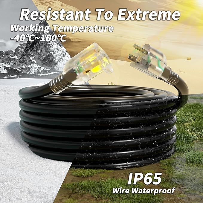 PlugSaf 200 ft 16 awg Outdoor Extension Cord Black, Cold Weatherproof -58°F, Flame Retardant, Flexible 3 Prong Electric Cord Waterproof for Lawn Office,10A 1250W 16AWG SJTW, ETL Listed