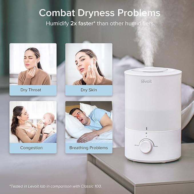 LEVOIT - Humidifiers for Bedroom - Quiet (3L Water Tank) - Cool Mist/Top Fill/Essential Oil Diffuser/25Watt - Home/Large Room - 360° Nozzle - Rapid Ultrasonic Humidification for Baby Nursery/Plant