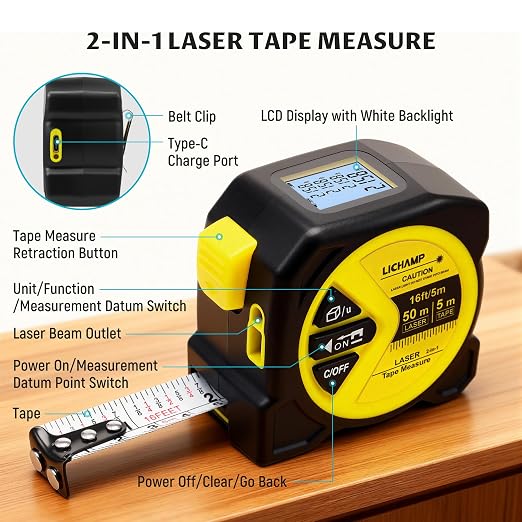 Lichamp Laser Tape Measure, 164ft Class II Laser Distance Meter and 16ft Manual