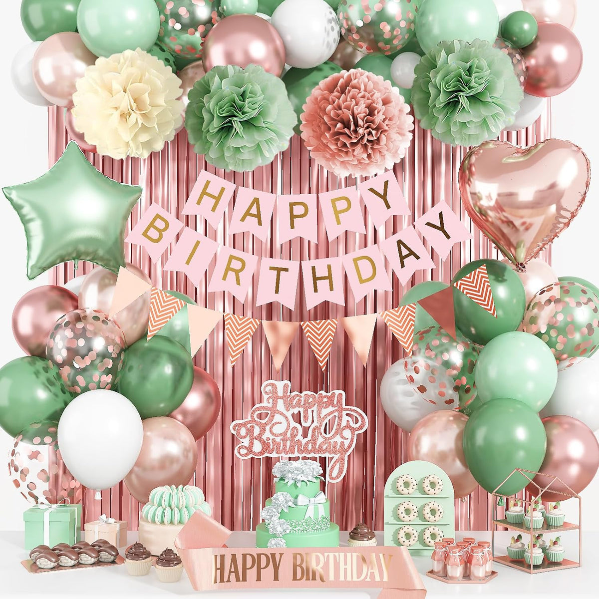 Regine Switzerland Birthday Decorations - Retro Rose Gold & Sage Green Party Décor Set | Balloons, Banners & More