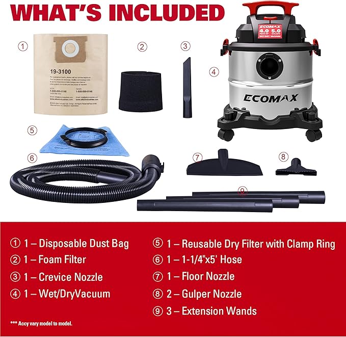 ECOMAX Shop Vacuum Wet and Dry 5 Gallon 4 HP Stainless Steel Wet Dry Vac with Powerful Suction and Blowing Function, Portable 3 in 1 Shop Vacuum for Home, Garage, Car, Jobsite and Workshop, EM18115