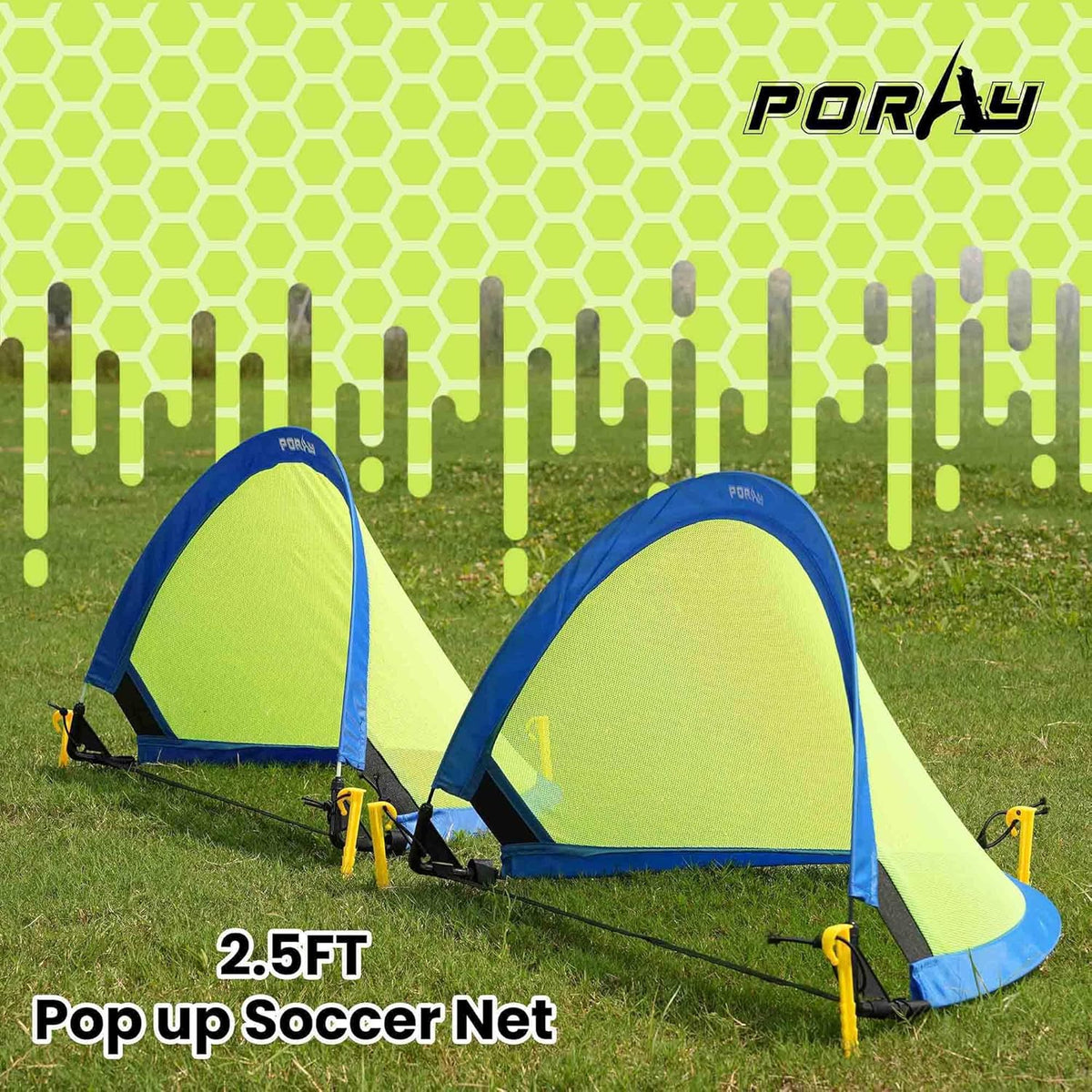 Poray Soccer Goal Set - Portable 210D Oxford Soccer Nets with 8 Field Marker Cones & Extra Stakes | Ideal for Kids' Backyard Training