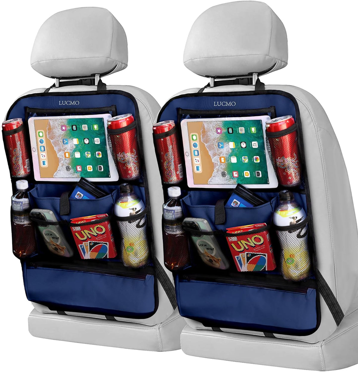 LUCMO Car Backseat Organizer with Foldable Tablet Holder, Dark Blue