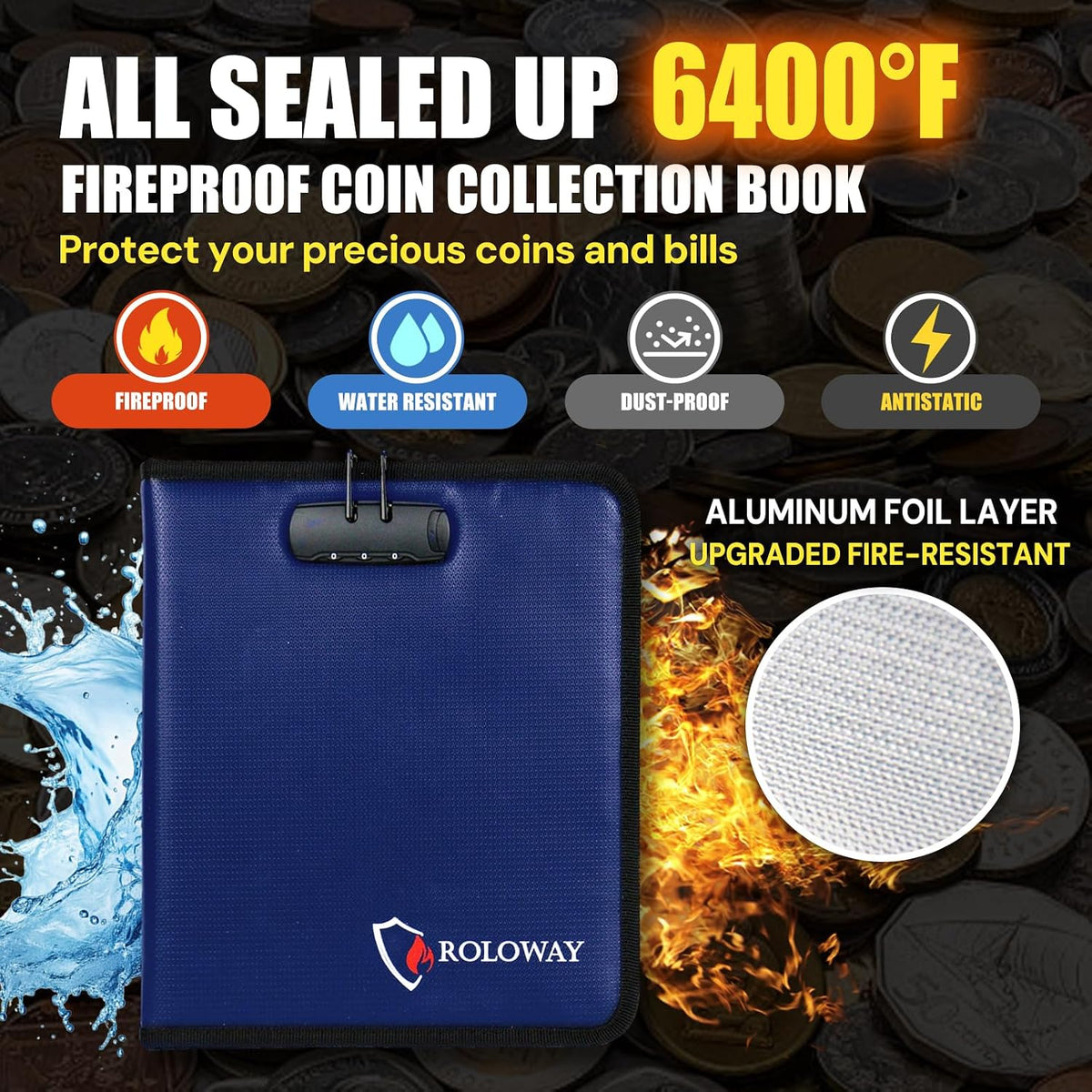 ROLOWAY Coin Collection Book 6400℉ Heat Insulated, 346 Pockets Fireproof Coin Book Holder and 36 Paper Currency Album with Aluminum Foil Layer, Money Saving Coin Collector Book with Lock (Blue)