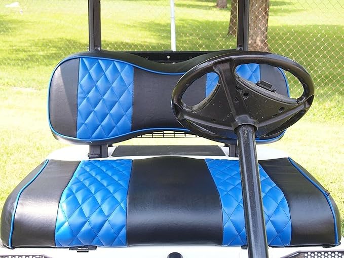 Huskey Golf Cart Front Rear Seat Covers Compatible with Yamaha G29 Drive & Drive 2 2007-Up Models, Custom Fit, Black Blue Diamond Stitching, Marine Grade Vinyl, Staple On