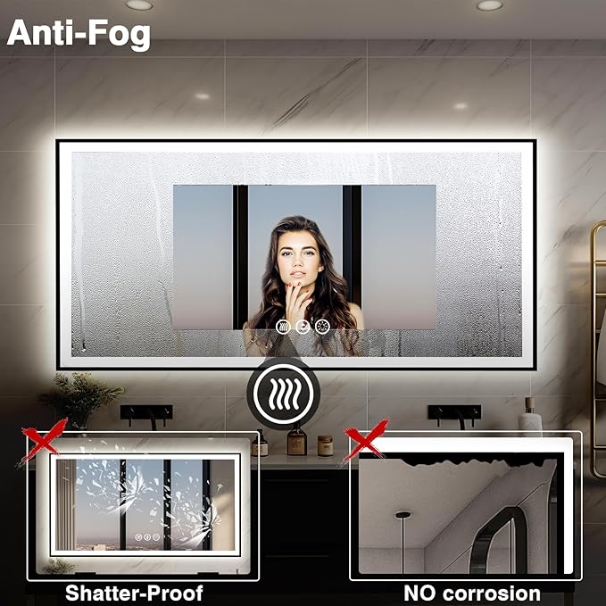 72x32 LED Bathroom Vanity Mirror - Black Aluminum Framed (Front and Backlit), Anti-Fog Large Mirror with Lights,Stepless 3 Colors Dimmable Lighted Mirror(Horizontal/Vertical)