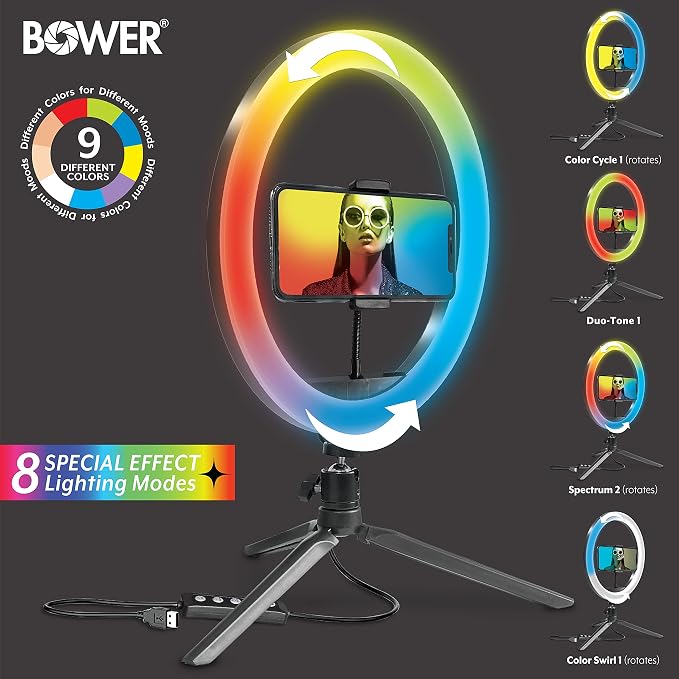 Bower 10 inch RGB Selfie Desktop Ring Light Stand Studio Kit