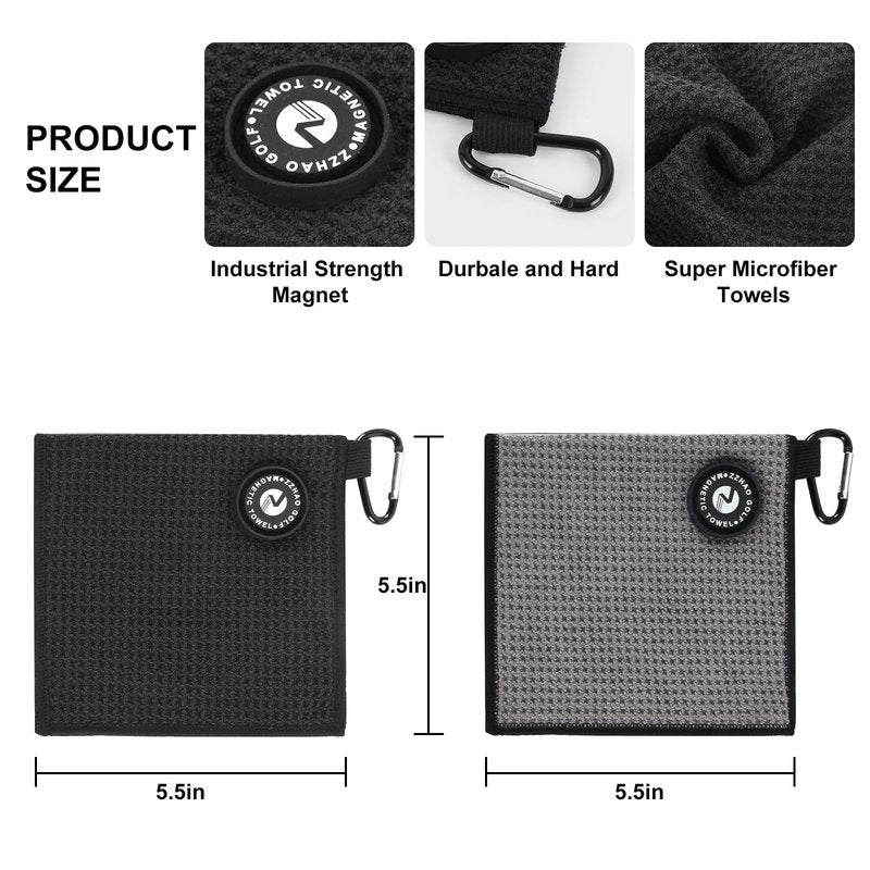 ZZHAO Magnetic Golf Towels,Super Absorbent Microfiber Small Towels with Clip - Industrial Strength Magnet,Lightweight, Scratch-Resistant, 5.5x5.5 In-2Pcs- Black&Gray