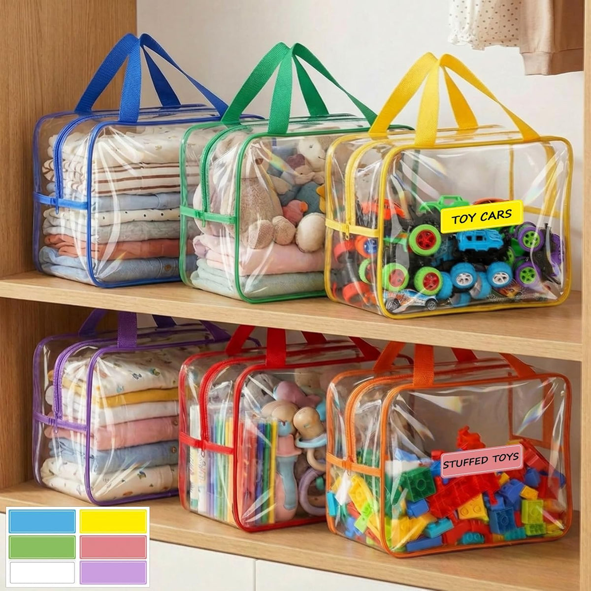 6 Packs Large Toy Storage Bags, Reusable Clear PVC Storage Bags with Zipper, Travel Waterproof Organizer Bags for Puzzles, Building Blocks,Board Game, Kids Books, Stationery(Colorful)
