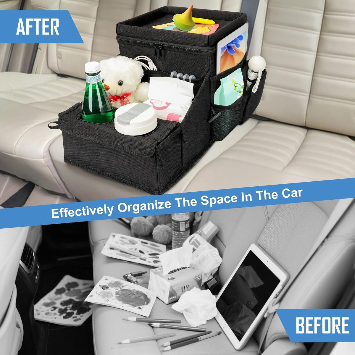 COOLBEBE Car Seat Organizer, Backseat Car Organizer with Cup Holders for Kids and Adults Travel, Cooler Compartment Passenger Seat Organizer Storage Box for Front or Middle Seat, Black