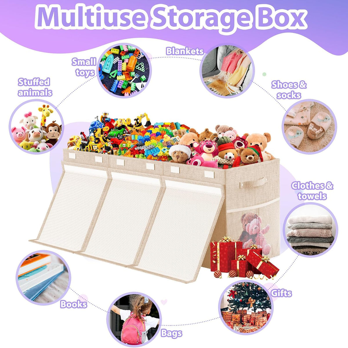 Extra Large Toy Storage Box with Lid Divider, Sturdy Collapsible Toys Organizer Chest Kids Storage Bins Boxes Baskets for Boys, Girls, Nursery, Bedroom, Living Room, Playroom, 40"x14"x16", Beige