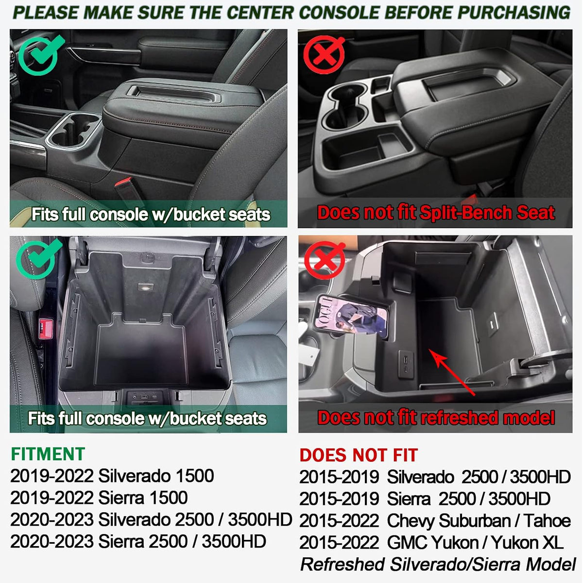 TOPINSTALL 4 Compartments Full Size Tray Compatible with 2019-2022 GMC Sierra Chevy Silverado 1500 and 2020-2023 Silverado/Sierra 2500HD 3500HD Full Console w/Bucket Seats ONLY