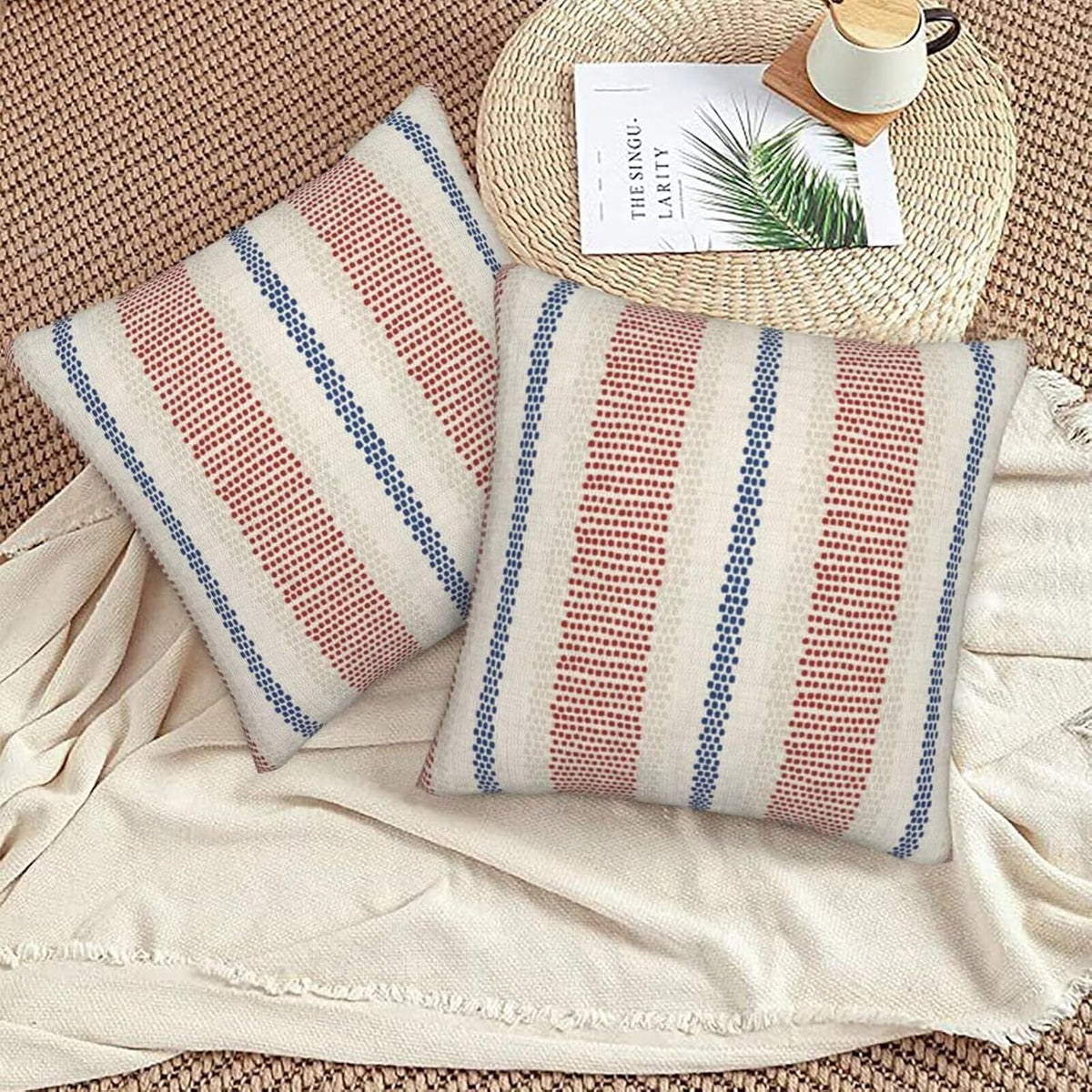 4th of July Pillow Covers 18 x 18 Inch Set of 2 Navy Blue Red Polka Dot Striped Decorative Outdoor Throw Pillow Covers Linen Modern Boho Geometry Pillowcase for Home Sofa Couch Decor