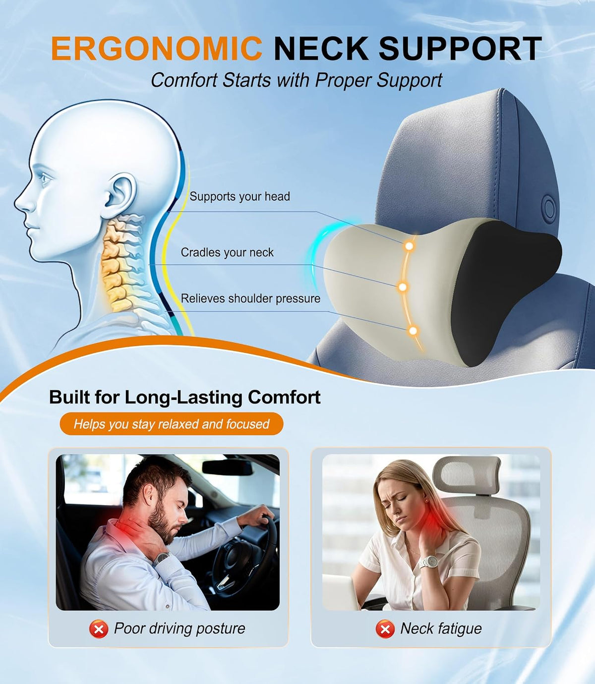 Allaboutsla 2-Pack Car Neck Pillow, Car Headrest Pillow for Neck Support | Memory Foam Car Neck Pillow for Driving with Neck Support, Adjustable Strap, Head Rest Pillow for Long Drives, Trucks, Beige