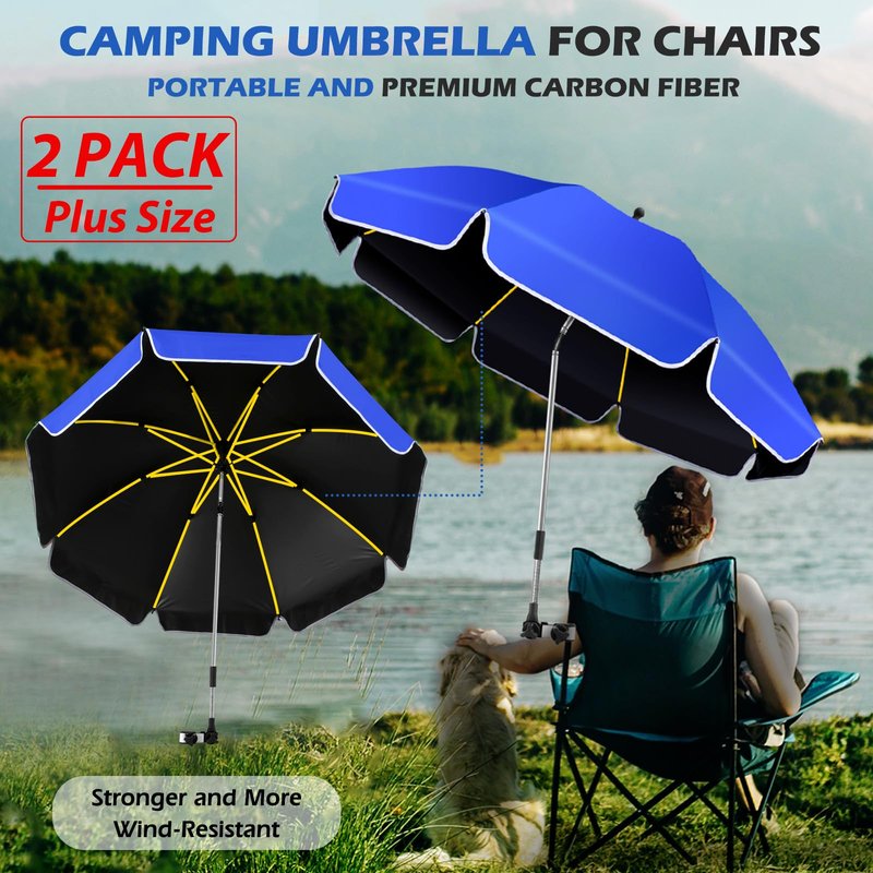 QTREE intelligence 2Pack 48.8 inch Large Beach Umbrella with Clamp Sun Shade for Beach Chair, 360°Adjustable UV Protection Golf Umbrella with Clip for Outdoor Stroller Wheelchair Camping Chair