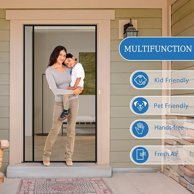 Magnetic Screen Door Left Right Side Opening Upgraded PET Mesh Greater Than Fiberglass and Polyester,Keep Bugs Out,Pet & Kid Friendly,Suitable for Sliding Doors,Patio French Doors-60" X 80"