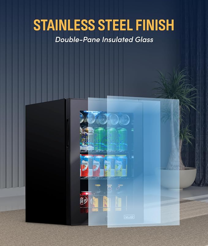 NewAir 90 Can Beverage Refrigerator | Freestanding Small Mini Fridge for Bedroom, Home Bar or Office | Adjustable Shelves, Quiet Cooling & Locking Door | Black