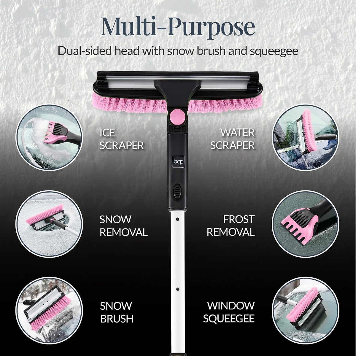 Best Choice Products Snow Brush with Squeegee & Ice Scraper, Up to 39" Extendable Foam Grip, 270° Pivoting Snow Brush for Car Truck SUV, Storage Bag Included - Pink