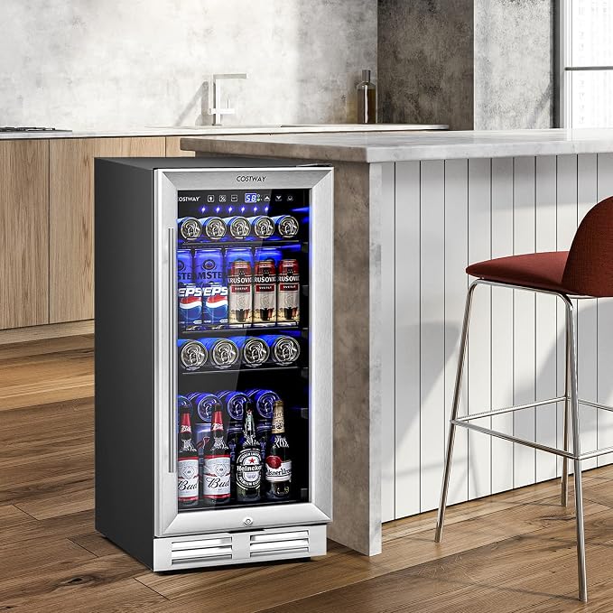 COSTWAY 15 Inch Beverage Cooler Refrigerator - 3.5 Cu.ft Mini Fridge with Glass Door, Lock and Removable Shelves for Soda Beer Wine, Freestanding Small Drink Refrigerator for Home Office Bar
