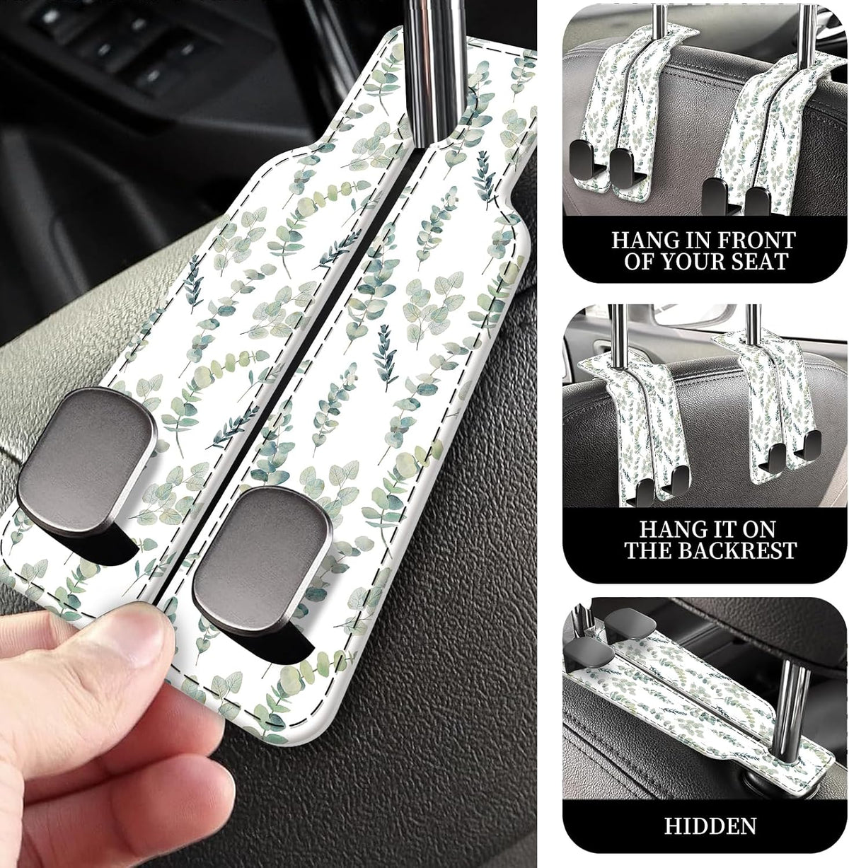 PU Leather Car Seat Hook, Storage Headrest Hanger, Cute Car Backseat Organizer, Car Hooks for Purses and Bags White Leaves