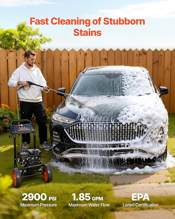 VEVOR Gas Pressure Washer 2900 PSI and 1.85 Max GPM, Upgrade Aluminum Pump with Spray Gun and Wand, 4 Nozzle Set, Low Profile Power Washer for Cars, Fences, Driveways, Homes, Patios, Furniture
